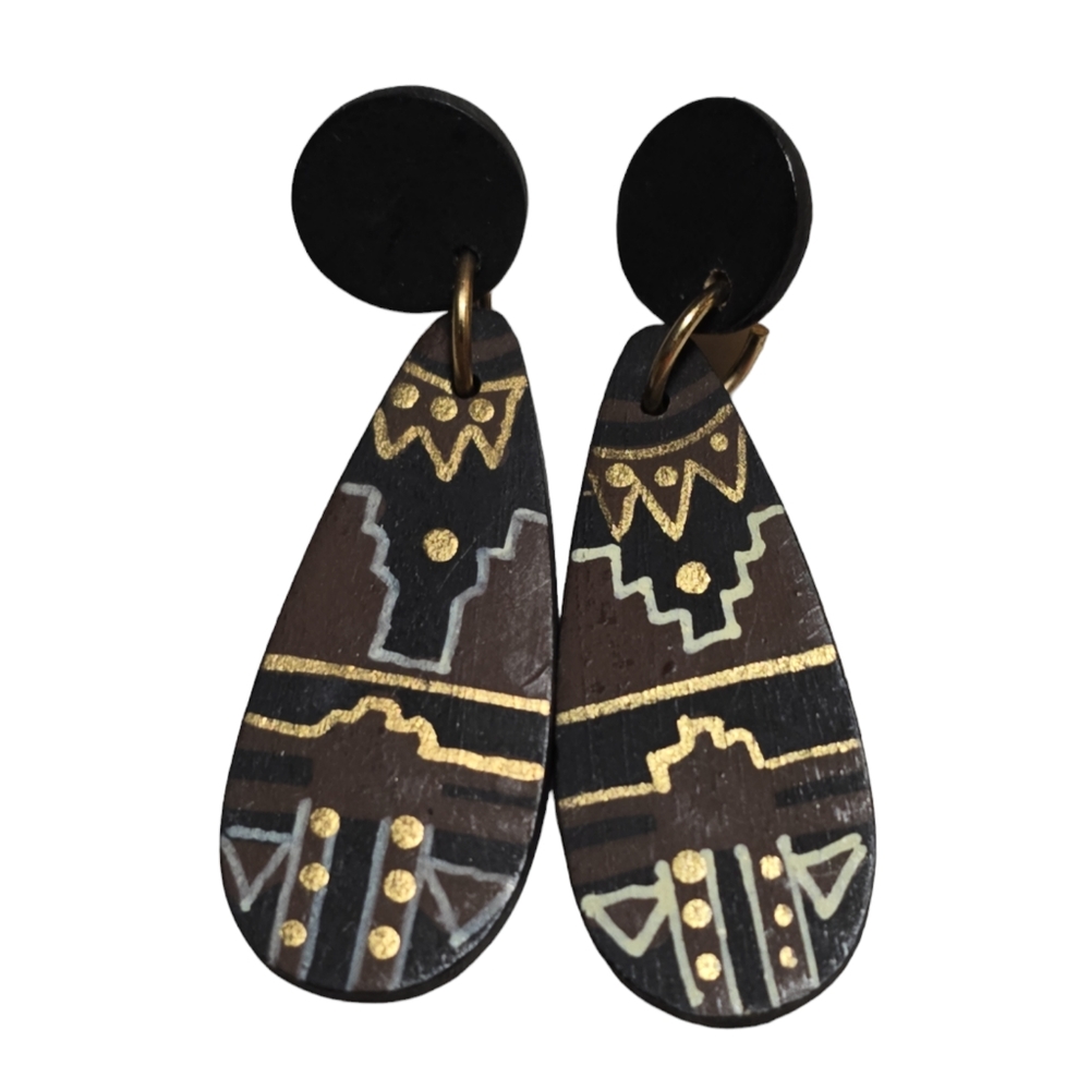 5D Tribe Wooden Trible Dangle Post Earrings Lot 1